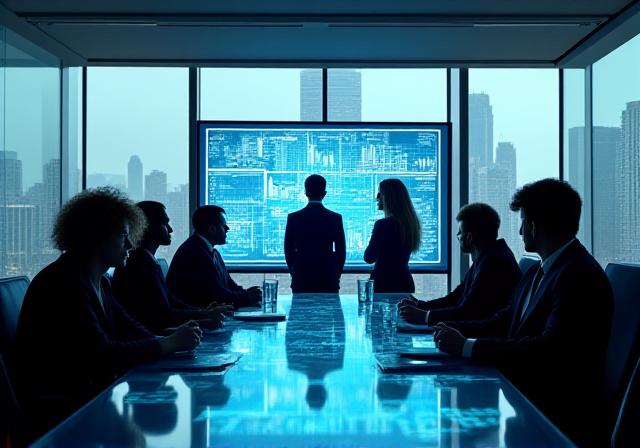 Executive board discussing digital strategy in a New York high-rise office